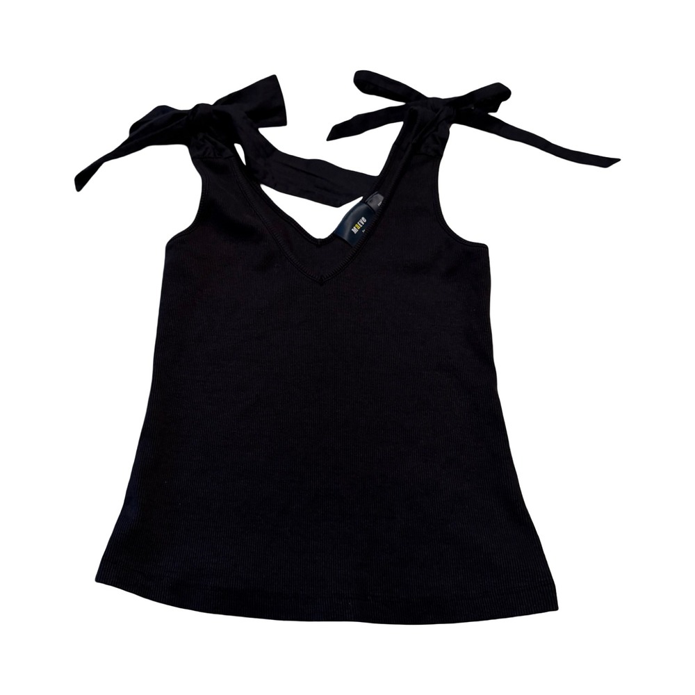 Maeve by Anthropologie Black Ribbed Tie Shoulder V-Neck Tank Top XSP